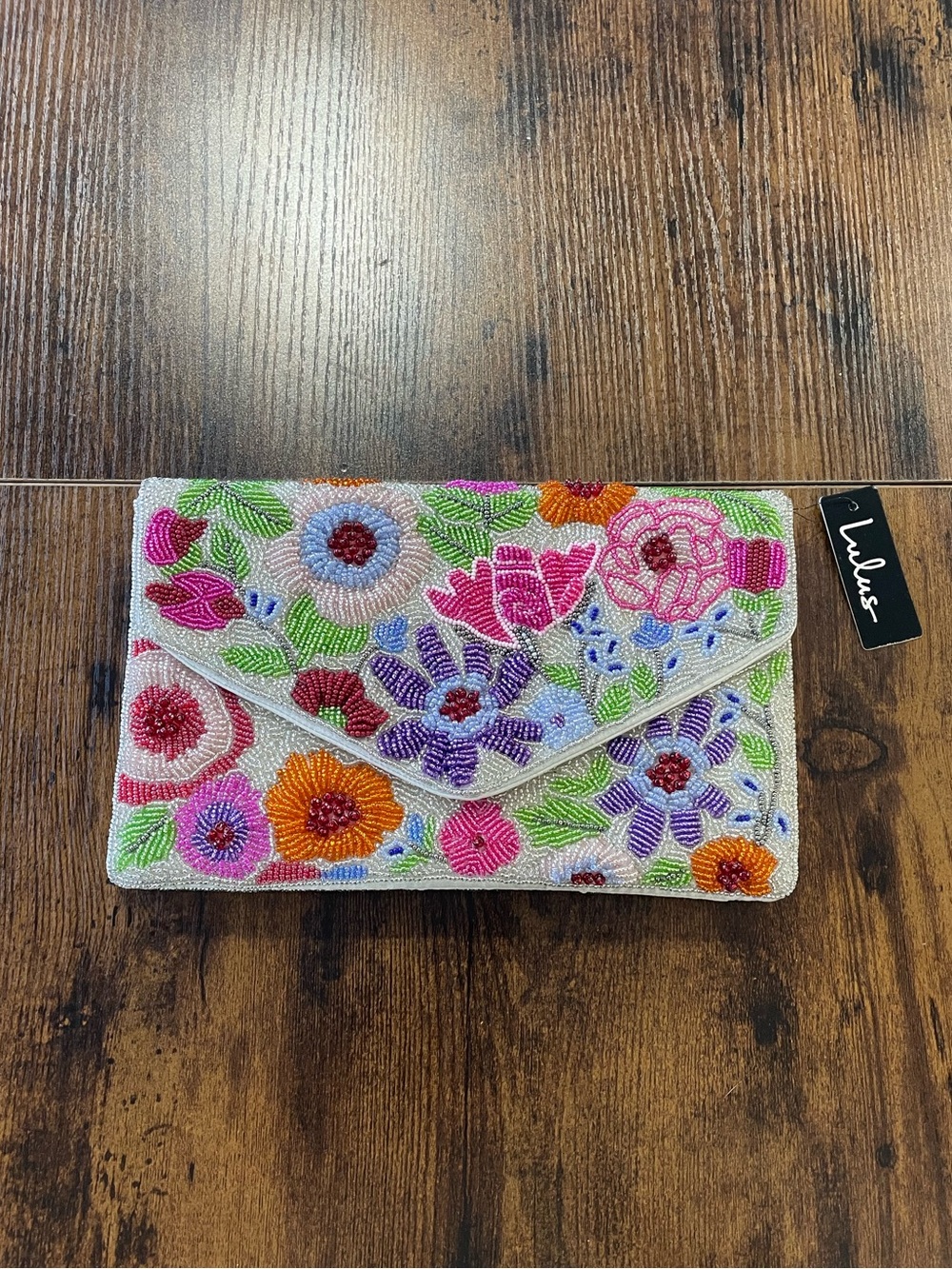 Klarity Ivory Multi Floral Beaded Envelope Clutch